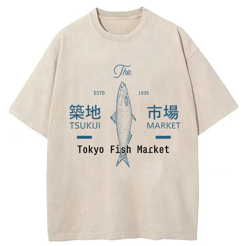 Funny Fish Japanese Tsukiji Market Vintage Washed T Shirts Unisex Women Summer Fashion Cotton Short Sleeve Tshirt Streetwear