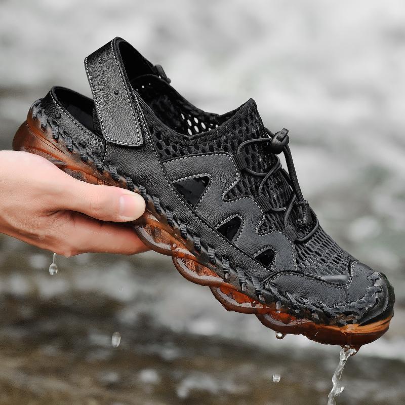 

Летние мужские сандалии в сетку, дышащая повседневная обувь из натуральной кожи, уличные мужские тапочки ручной работы, мужские пляжные сандалии, большие размеры 38-46