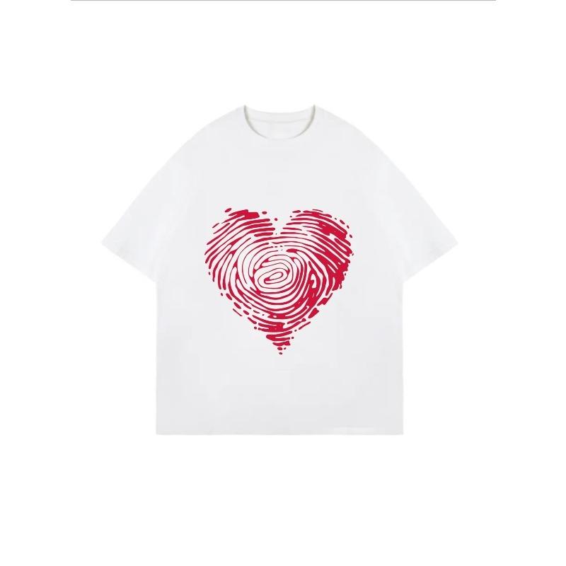 White Oversized T Shirt With Fingerprint Heart Print For Casual Wear
