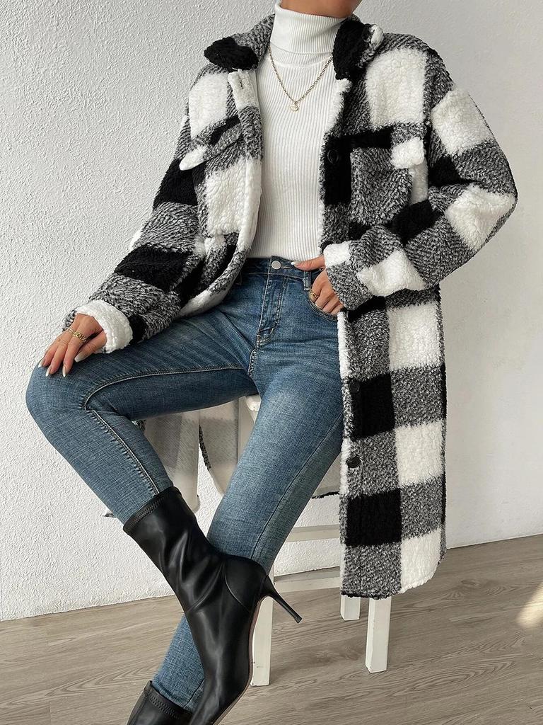 Autumn and Winter Buttoned Lapel Plush Plaid Skirt Loose Temperament Commuting Long Coat Women