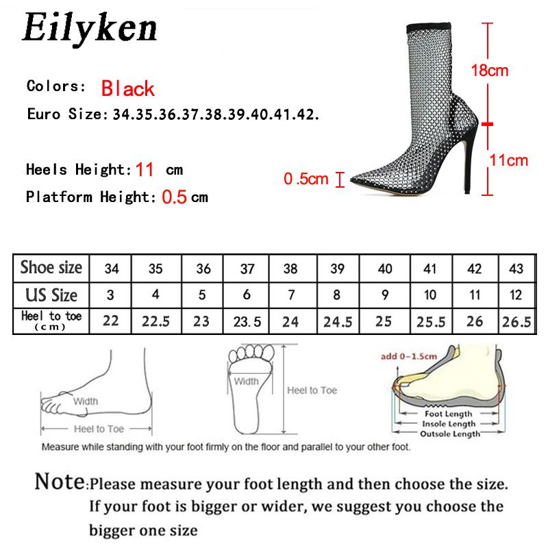 Fashion Eilyken Design Crystal Rhinestone Mesh Stretch Fabric Sock Boots Fashion PVC Transparent Pointed Toe Shoes Sexy High Heels