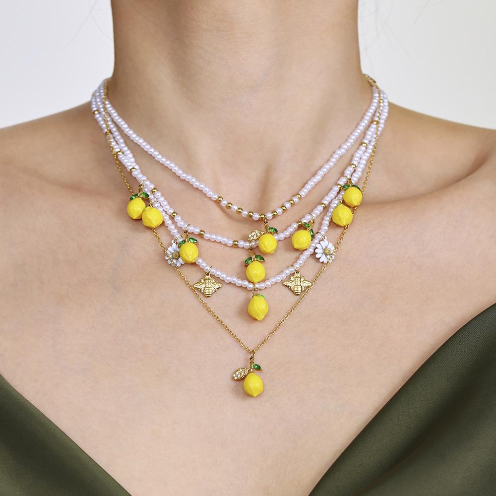 Nivora Resin Fruit Lemon Pendant Necklace For Women Imitation Zircon Stainless Steel Zircon Handmade Strand Beads Choker Zircon