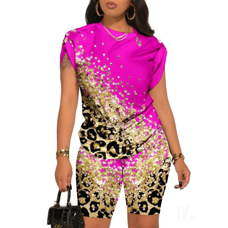 

YYFS Женская мода Повседневный Лето Весна Цвет Блок Принт Короткий рукав О-образный вырез Брюки Костюмы XXXL