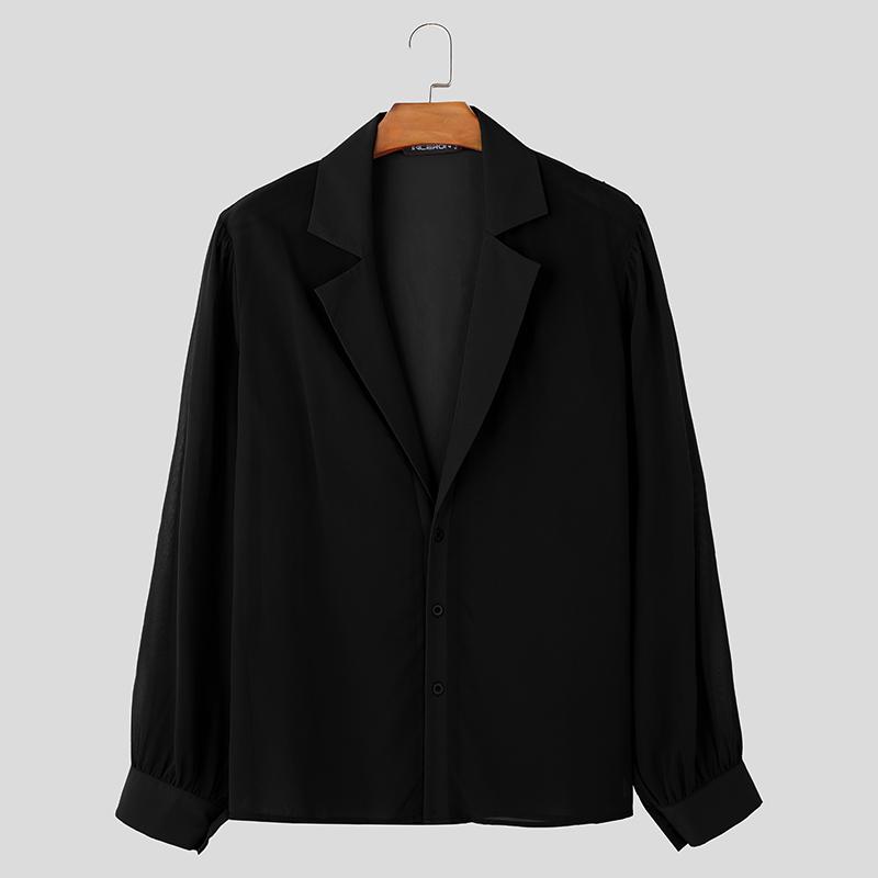 INCERUN Camicie da uomo con collo a revers, maniche lunghe, bottoni, in rete trasparente