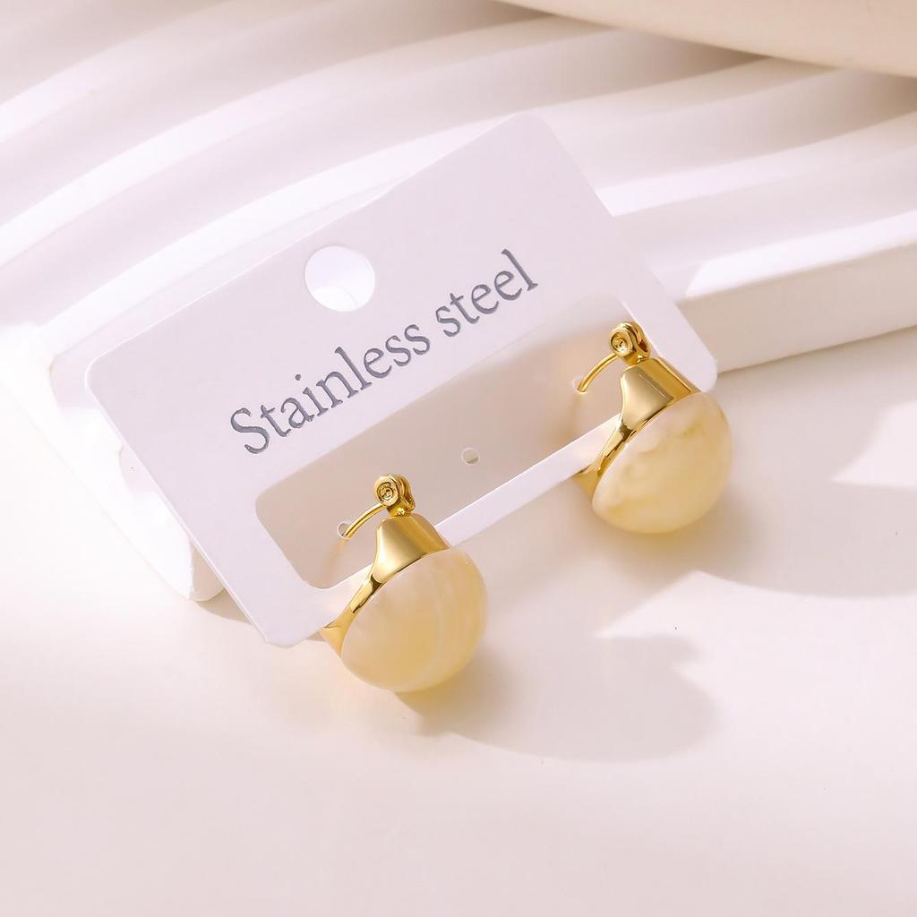 Elegant Multi-color Stainless Steel Hoop Earrings - Women's Autumn/Winter French Retro Style with Round Ball and Water Drop Design.