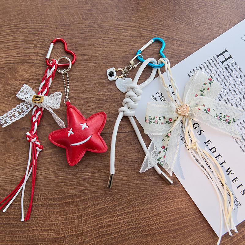 Y2K Trendy krajkový mašličkový hvězdicový přívěsek na klíče Ins sladký holčičí pletený provázkový kroužek na klíče Módní přívěsek na tašku Závěsná dekorace Klíčové doplňky