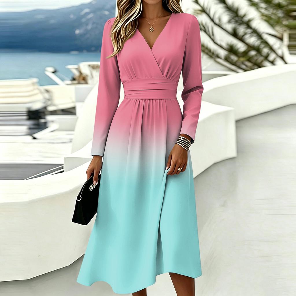 Women's Gradient Print Long Sleeve V-Neck Dress with Pockets Casual Fashionable
