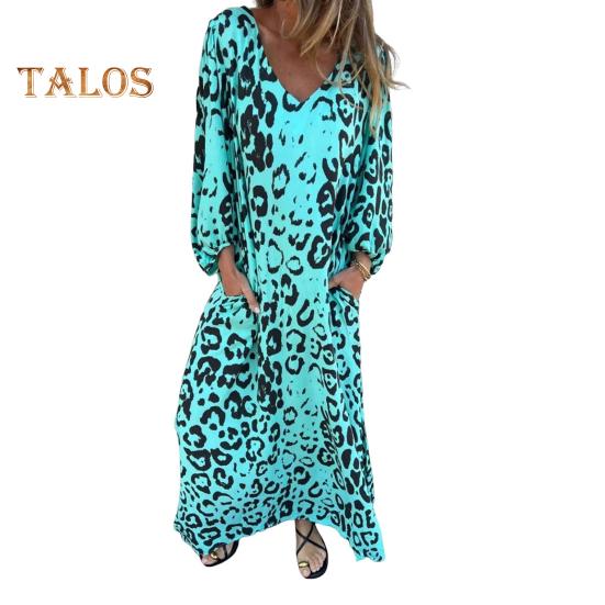 Women's Leopard Print Dress V-Neck Long Sleeve Maxi Dress Casual Loose Fit Spring Summer Dress for Office Daily Wear Vacation Party