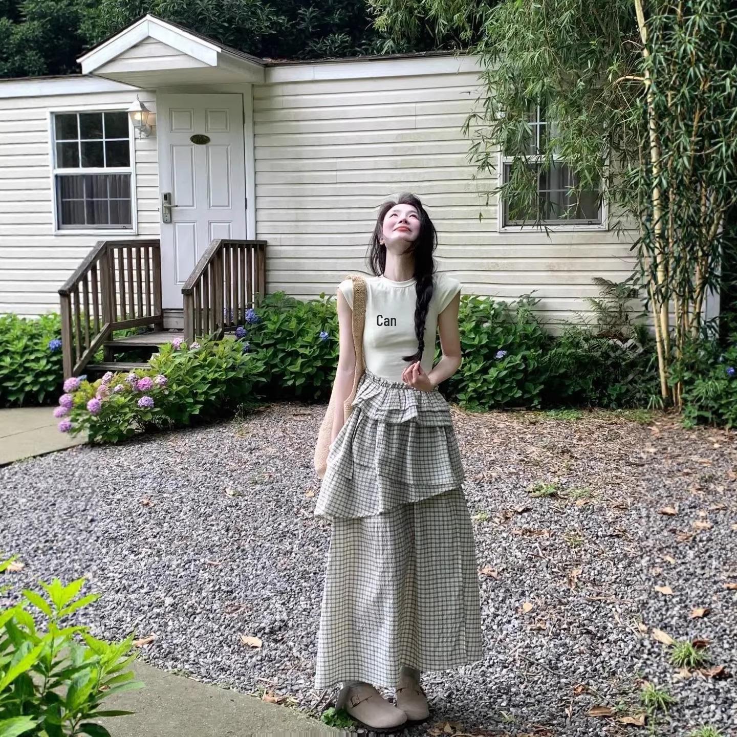 Korean-Inspired Plaid Patchwork Ruffle Dress - Women s Summer 2026 Multi-Layered Cake Skirt Large абрикосовый