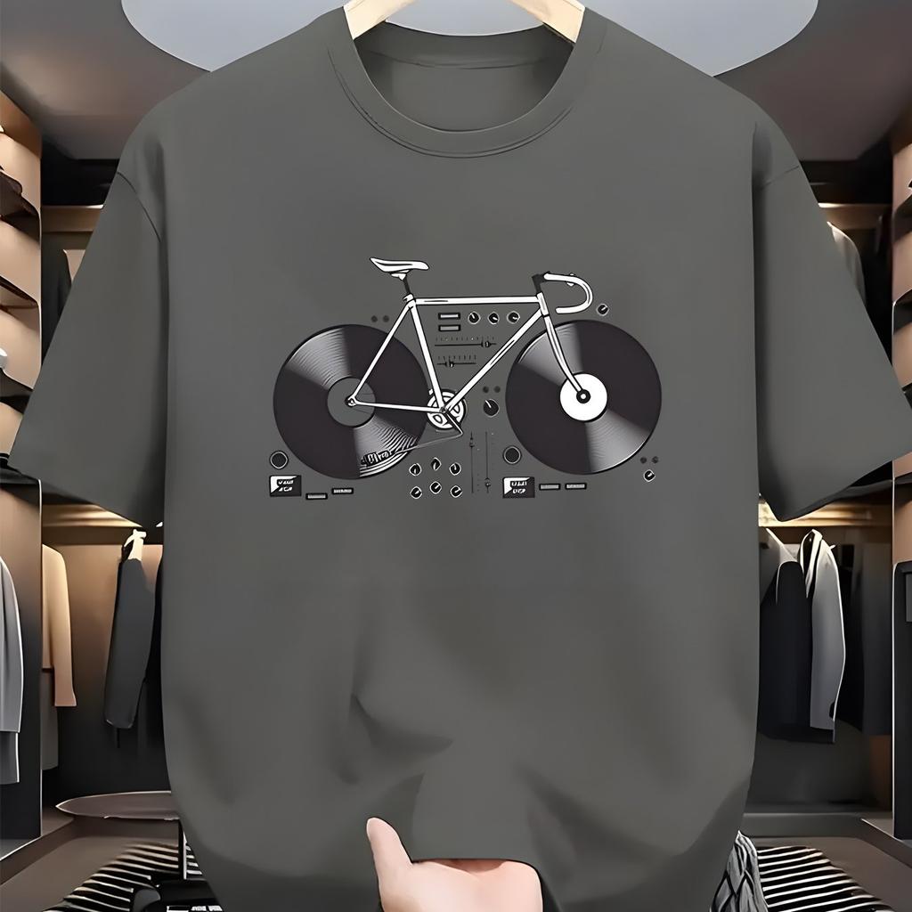 Men's T-Shirt with Unique Bicycle Record Design Breathable Polyester Crew Neck Short Sleeve Men Clothing