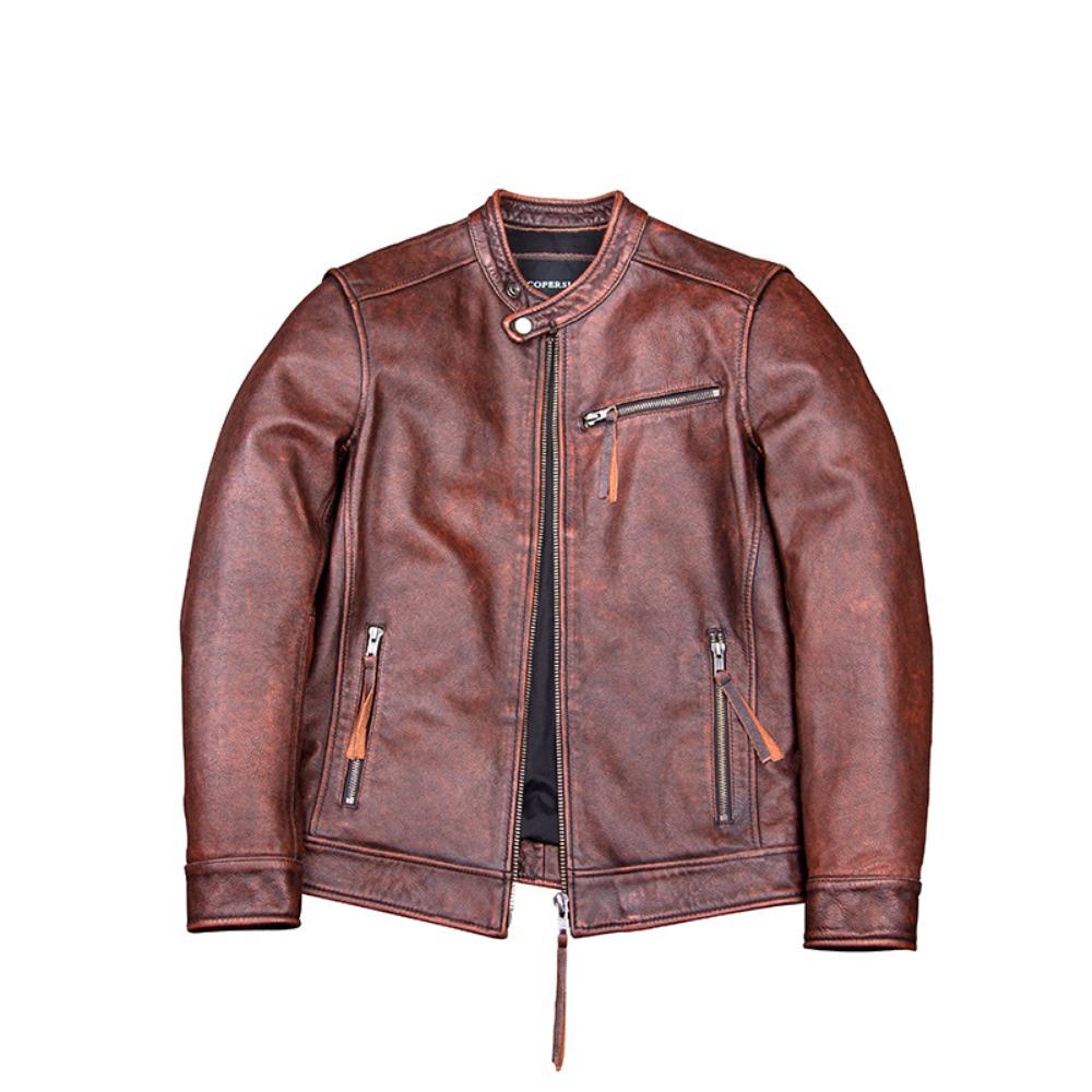 Chinese Size Vitnage Red Brown Men Leather Jacket Cowhide Leather Motorcycle Style Genuine Cow Jackets for Men Autumn