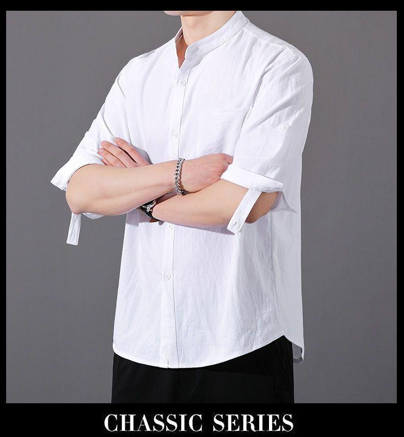 Men's Trendy Summer Cotton-Linen Stand Collar Shirt, Short-Sleeved, Loose Fit