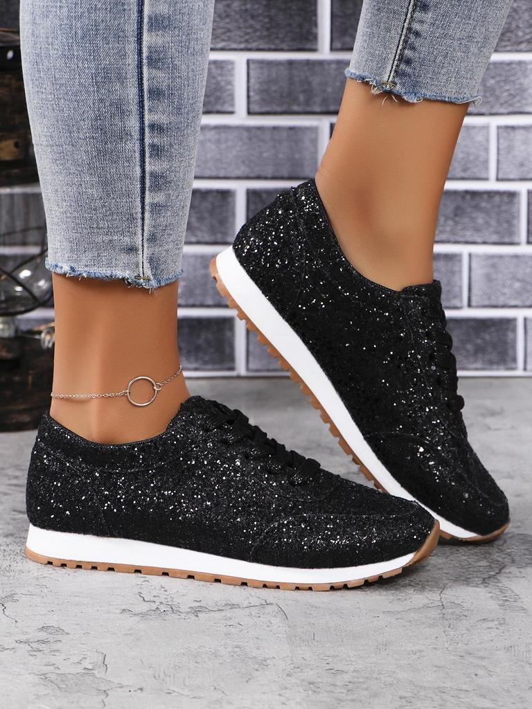 2025 Women's Plus Size Sequined Lace-up Casual Sport Shoes