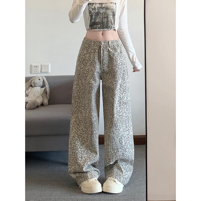 American Retro White Leopard Print Denim Pants - 2026 Spring/Autumn, Loose, Straight, Floor-Length. Medium