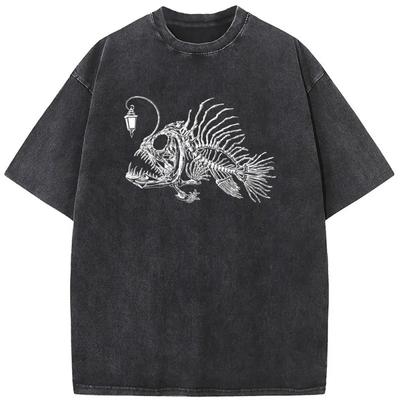 European and American Washed Retro Funny Fish Bone Cartoon Mechanical Printing Hip Hop Short Sleeve Loose T-shirt Top