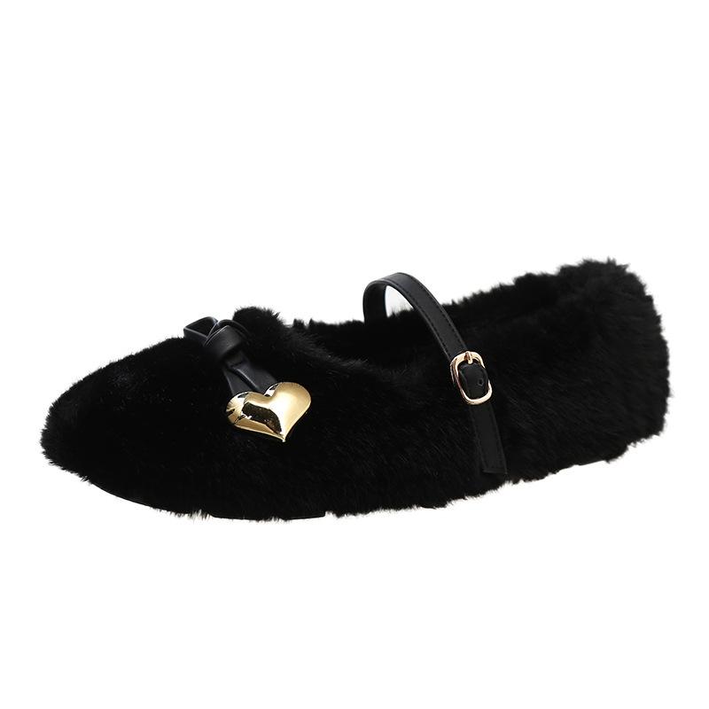 Flat-bottomed white Mary Jane fluffy shoes women's shoes wear 2025 new autumn and winter velvet French gentle single shoes