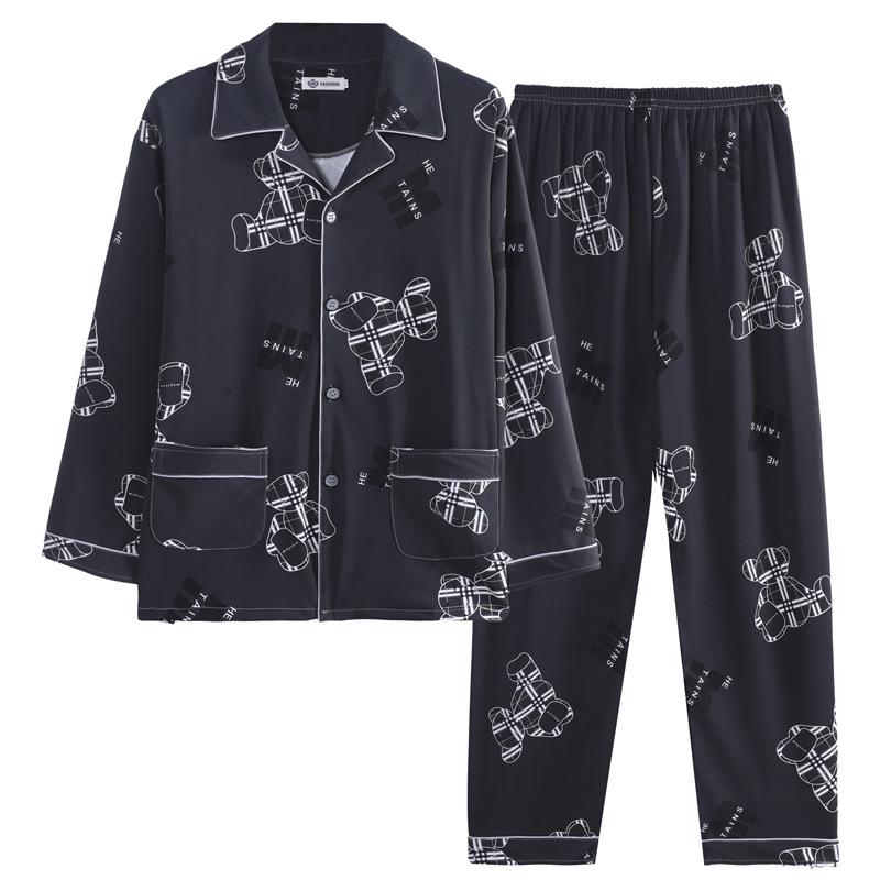 Men's Printed Long Sleeve Knit Cotton Pajama Set with Cardigan Lapel for Spring, Autumn, Winter