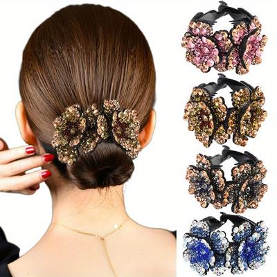 Women's Vintage Bun Maker Hair Clip Rhinestone Flower Ponytail Buckle Elegant Round Chignon Headpiece for Weddings and Parties