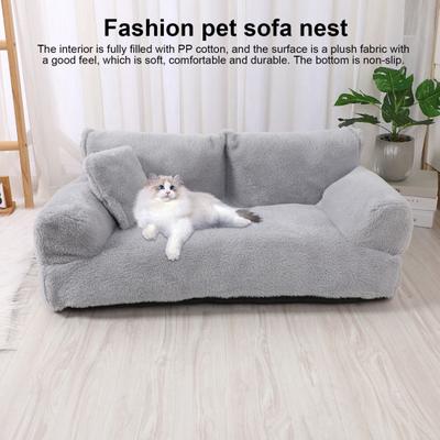 Pet Sofa Bed Fluffy Plush Pet Couch with Raised Edges Pillows Anti-Slip Bottom Washable Calming Pet Beds for Medium Small Dogs Cats