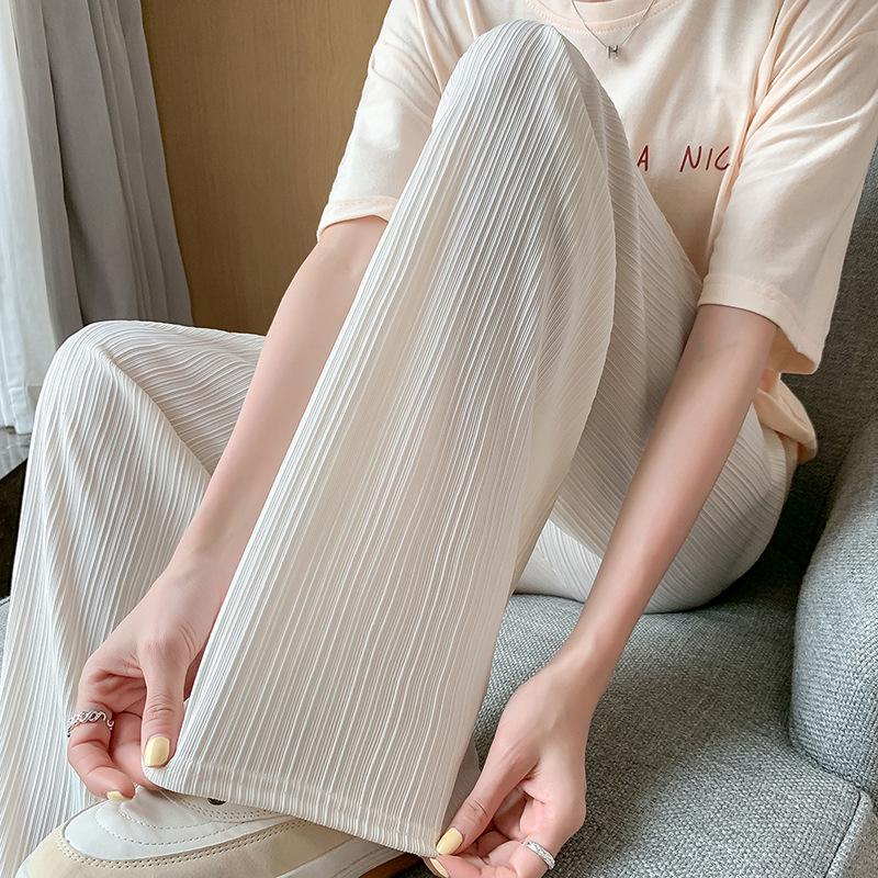 Women's High-Stretch Ice Sliky Fiber Wide-Leg Pants - Thin Striped Casual Trousers with Relaxed Fit, Long Length