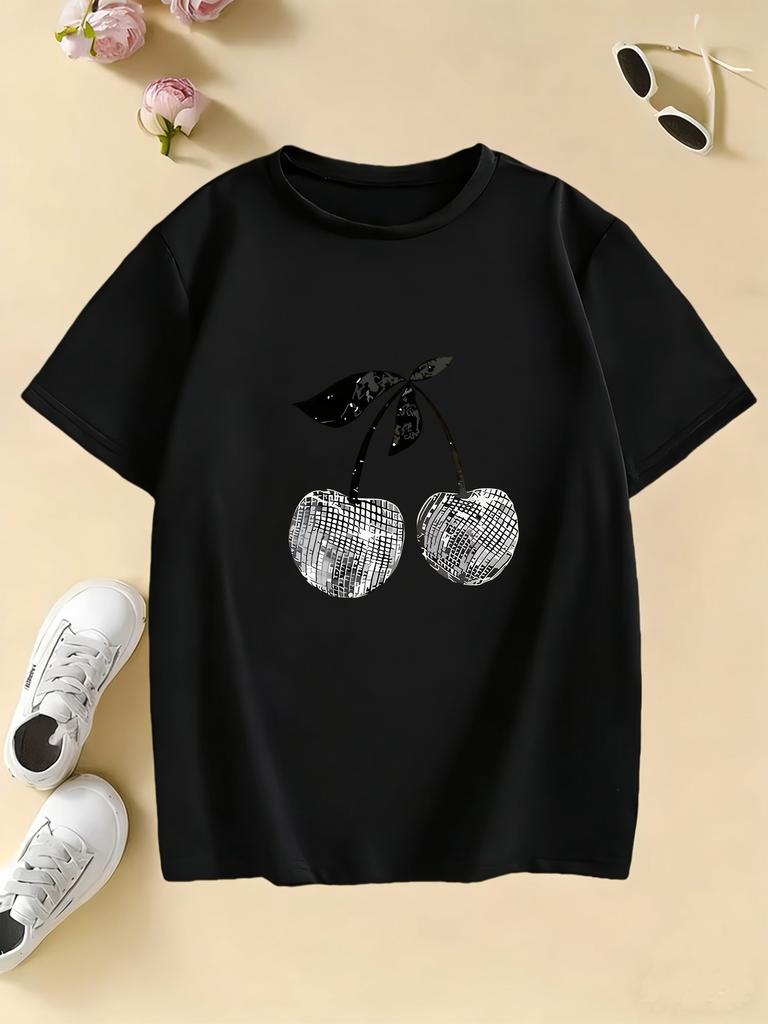 Girls Stylish Cherry T Shirts Short Sleeve Kids Childrens Tshirt Girls Summer Spring Casual Top Tee Shirt