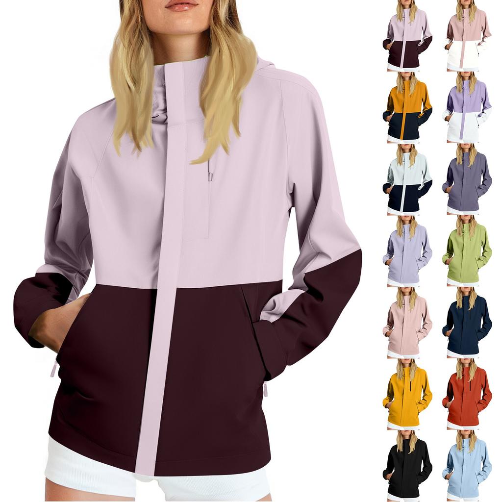 Women Solid Stripe Rain Jacket Outdoor Plus Waterproof Hooded Raincoat Windproof