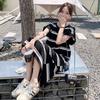 Summer Ice Silk Striped Knee-Length Short-Sleeve Dress Loose Tummy-Hiding Slimming T-Shirt Maxi Dress