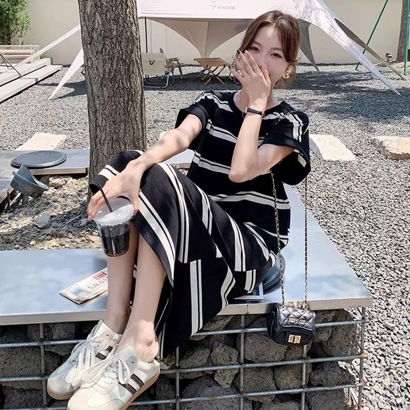 Summer Ice Silk Striped Knee-Length Short-Sleeve Dress Loose Tummy-Hiding Slimming T-Shirt Maxi Dress