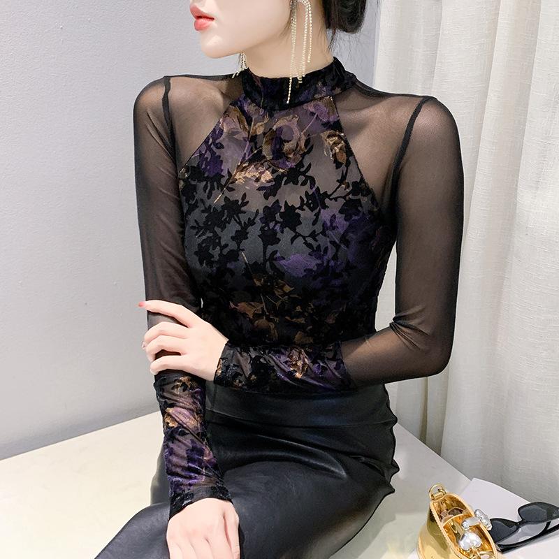 

Базовая рубашка с принтом в стиле ретро, облегающая футболка с длинными рукавами, сетчатый кружевной топ, состоящий из двух частей спереди и сзади 4XL