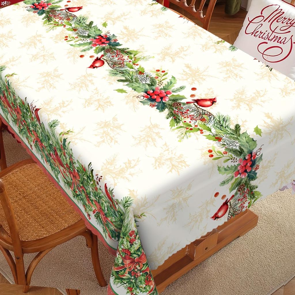 Christmas Holly Berry Bird Waterproof Tablecloth Table Decor Winter Xmas Holiday Kitchen Dining Tablecloth Christmas Decorations