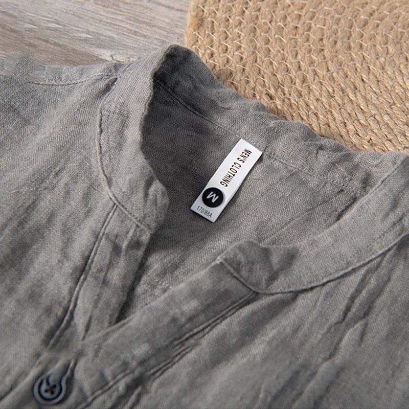 Men's Retro Linen Leisure Solid Color Short-Sleeved Top, Raw Linen V-neck Slightly Wrinkled T-shirt, Original Ecology