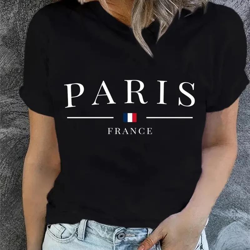 

ПАРИЖ Женская летняя футболка с круглым вырезом и принтом, модная женская футболка Y2K с коротким рукавом и круглым вырезом, повседневный топ для лета и весны, женская одежда S