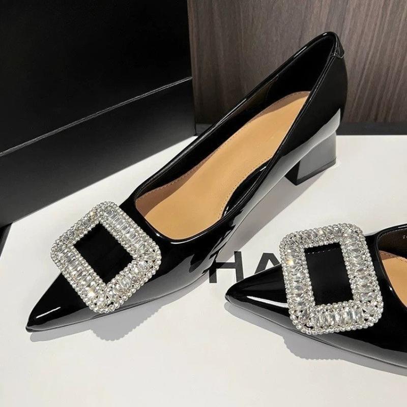 2025 New Metal Crystal Splice Women Pumps Kitten Thick Heel Elegant Party Ladies Shoes Zapatos De Mujer