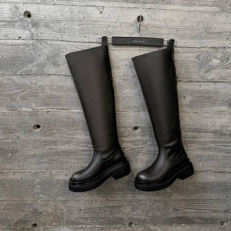 New Women's Versatile Martin Boots Solid Color Medium Heel Large Size Women's Boots Thick-soled Non-slip Round Head Autumn and Winter Leather High 