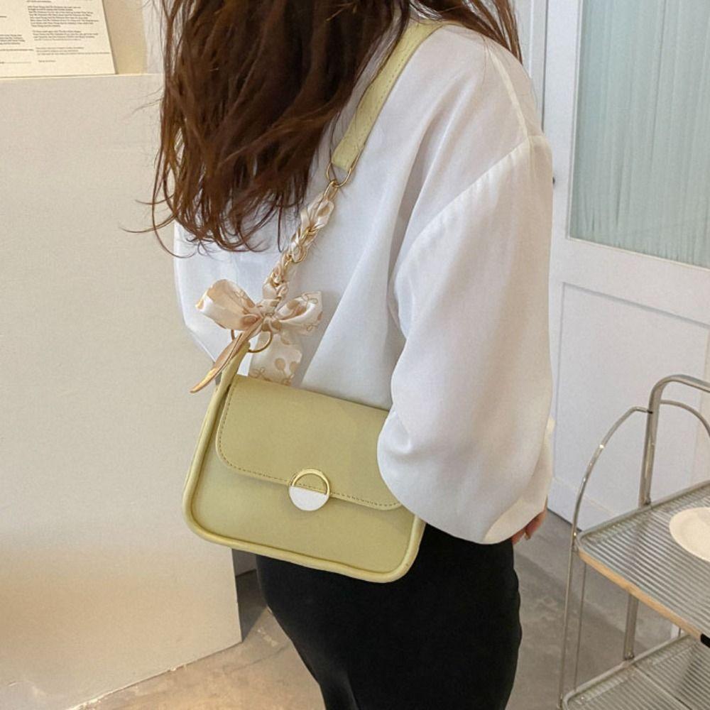 Large Capacity Leather Shoulder Bag with Ribbon Chain Crossbody Bag Class Commuting