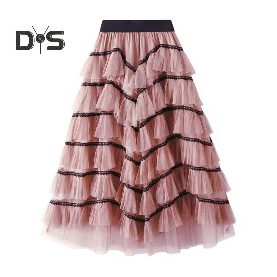 Women Skirt High Waist A line Big Swing Ruffle Contrast Color Scattered Hem Pleated Patchwork Princess Style Elastic Waist Ankle Length Maxi Skirt