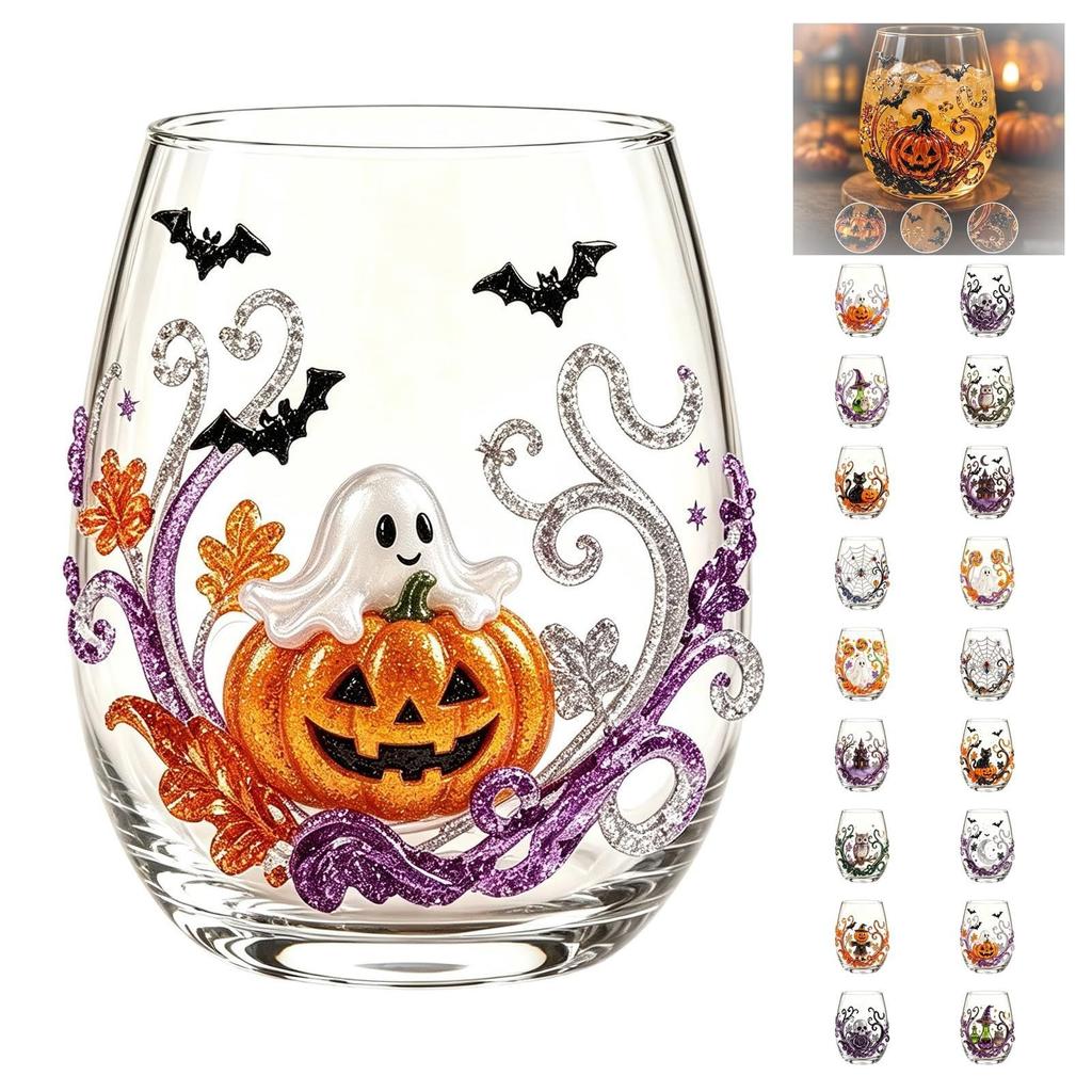 2D Halloween Artisan Glassware Collection, Drinking Glasses with Raised Pumpkin Ghost Black Cat Web Design, Spooky Clear Cups for Cocktails Juice
