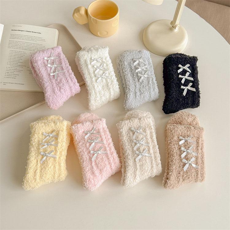 Autumn Winter Warm Coral Fleece Bowknot Woman Socks Sweet Lolita Plush Middle Tube Socks Home Sleeping Floor Socks Cute Socks