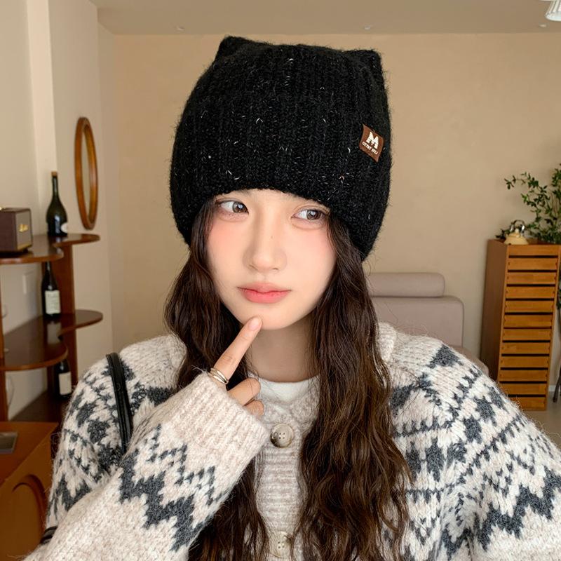 Sweet and Cute Cat Ear Knitted Wool Hat for Women In Autumn and Winter Versatile Big Head Surround Brim Hat Casual Warm Hat Trendy