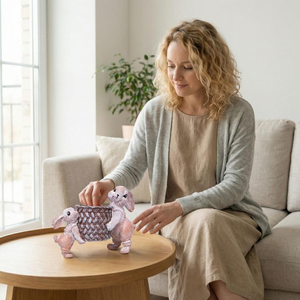 Easter Bunny Carrying Basket Resin Home Decor Ornament