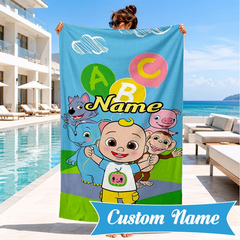 Custom Name Coco-melon Adventure Beach Towel Microfiber Beach Towel, Lightweight and Quick-Dry, for Summer Travel, Swimming Pool Gift