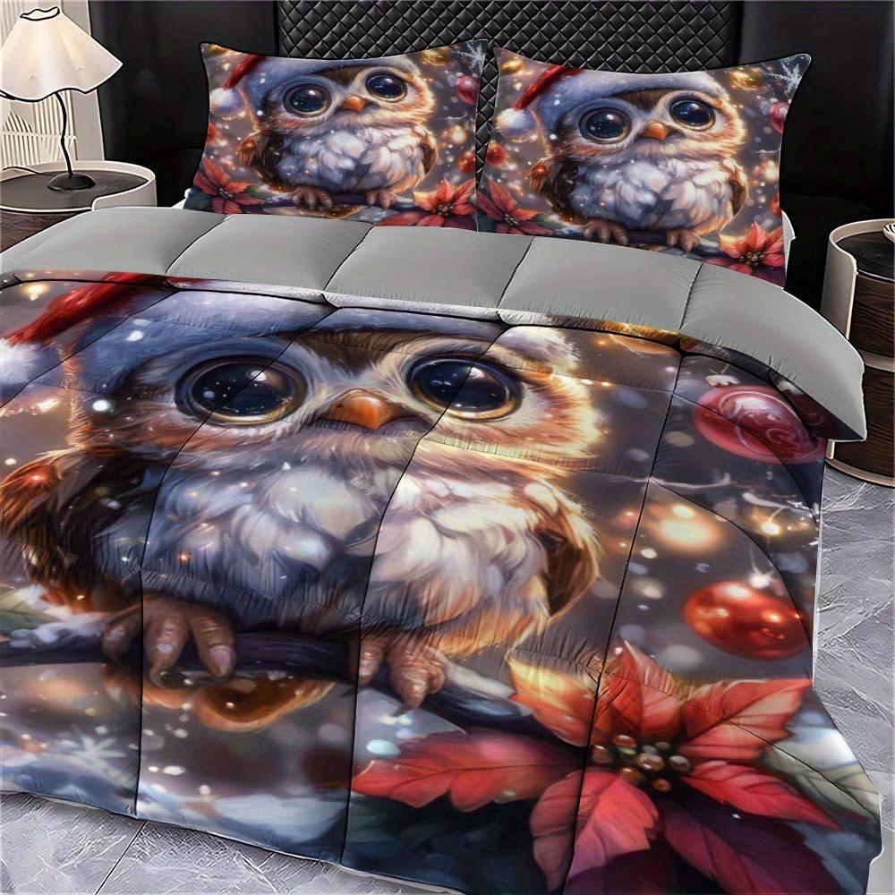 3 Pcs Christmas Owl Quilt Set Thick Blanket Set Festive Comforter Bedding Set 1 Quilt + 2 Pillowcases Holiday Gift Idea