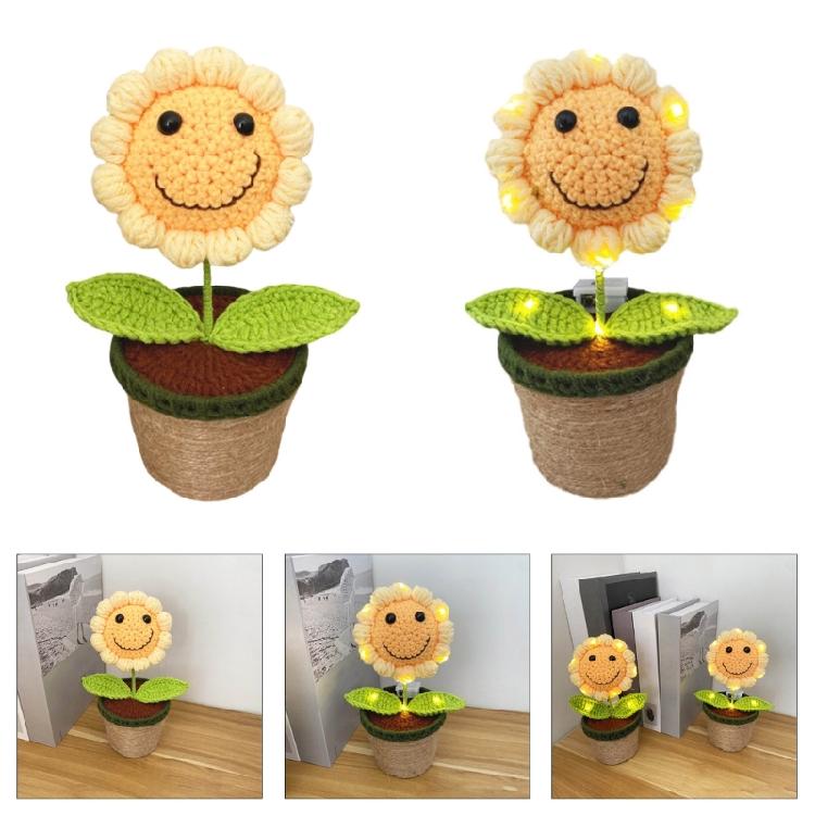 Crocheted Smiling Sunflowers Potted Plant Home Decors Ornament with LED Light for Mother Day Teacher Appreciation Gift