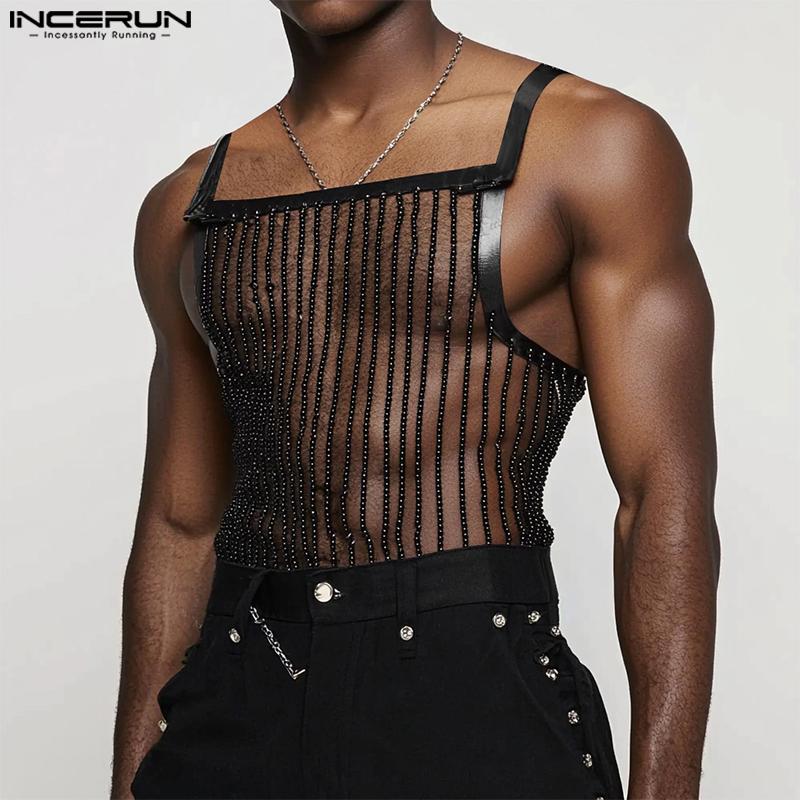 INCERUN Men Strap See Through Tank Tops Sleeveless Party Mesh Glitter T-shirts