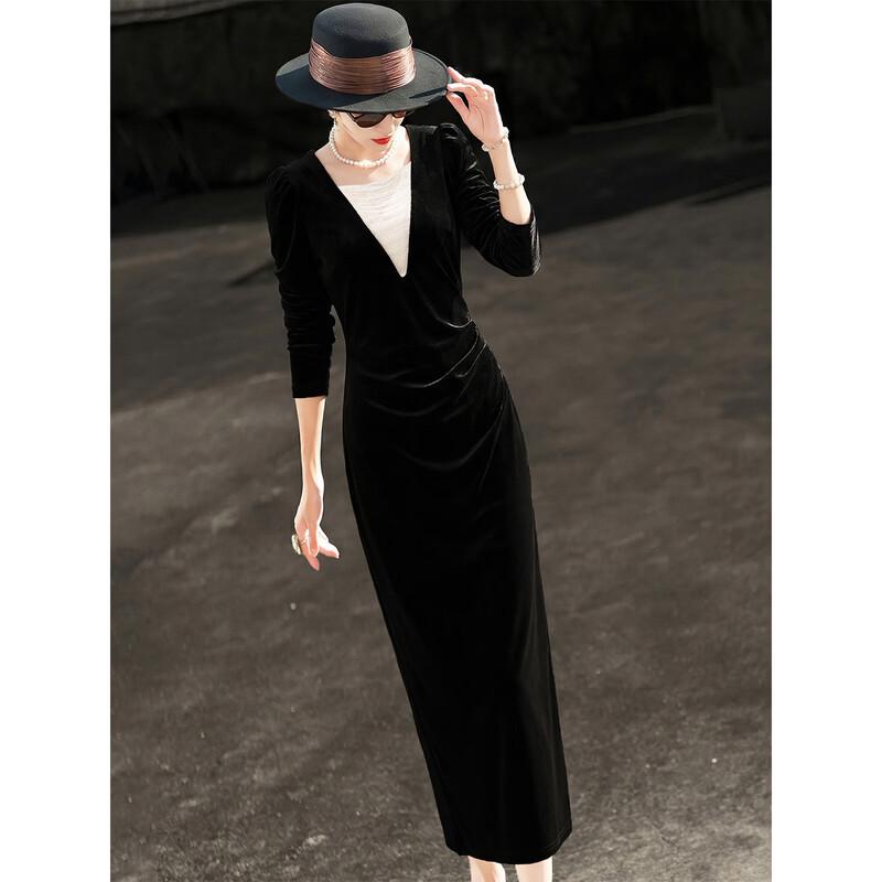 Lanser Elegant French Retro Velvet Little Black Dress XL