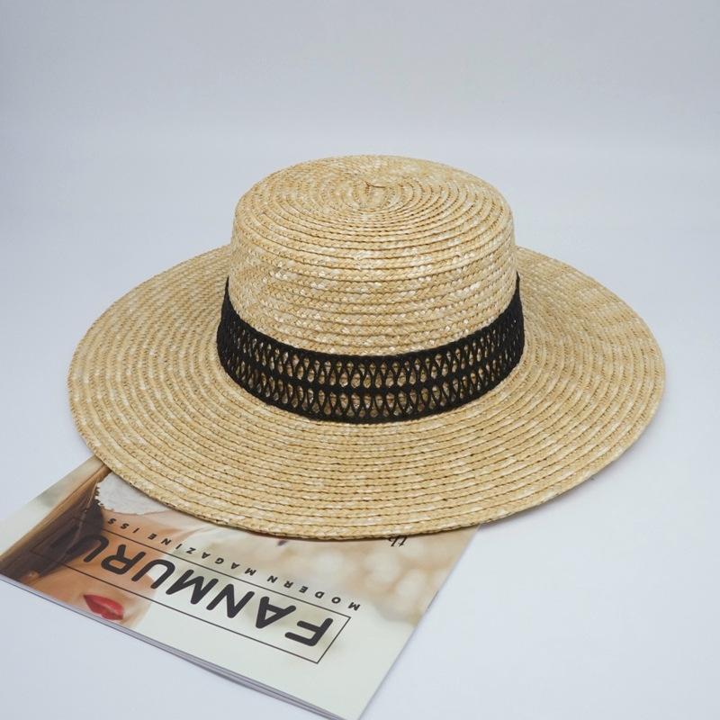 Export Foreign Trade Single Summer Female Japanese Black Flat Top Top Top Hat French Pearl Sunshade Holiday Beach Sun Straw Hat
