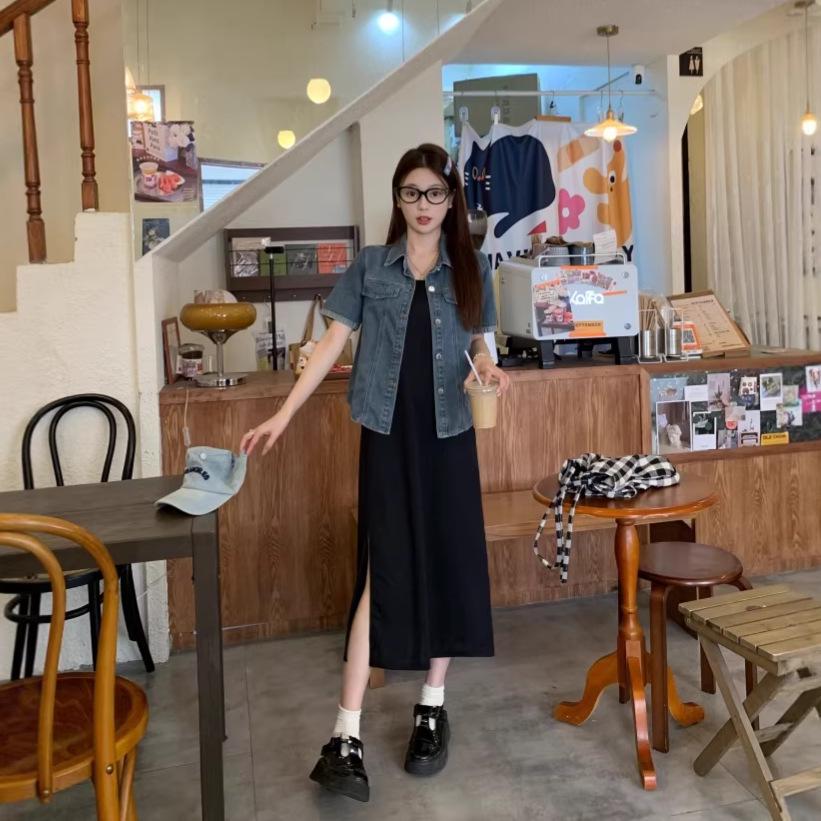

Retro Women s Short-Sleeve Denim Jacket & Polo Collar Split-Strap Dress Set - Summer 2026 Collection 3XL