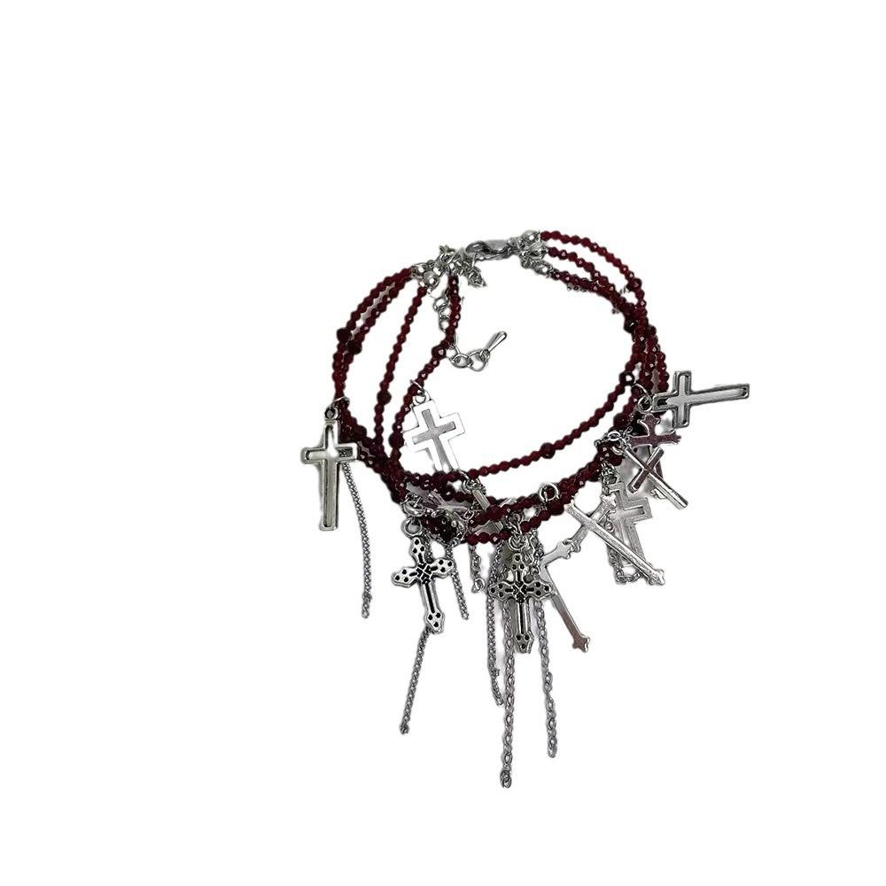 Punk Cross Dark Style Necklace Geometric Shape Tassel Choker For Travel Souvenir