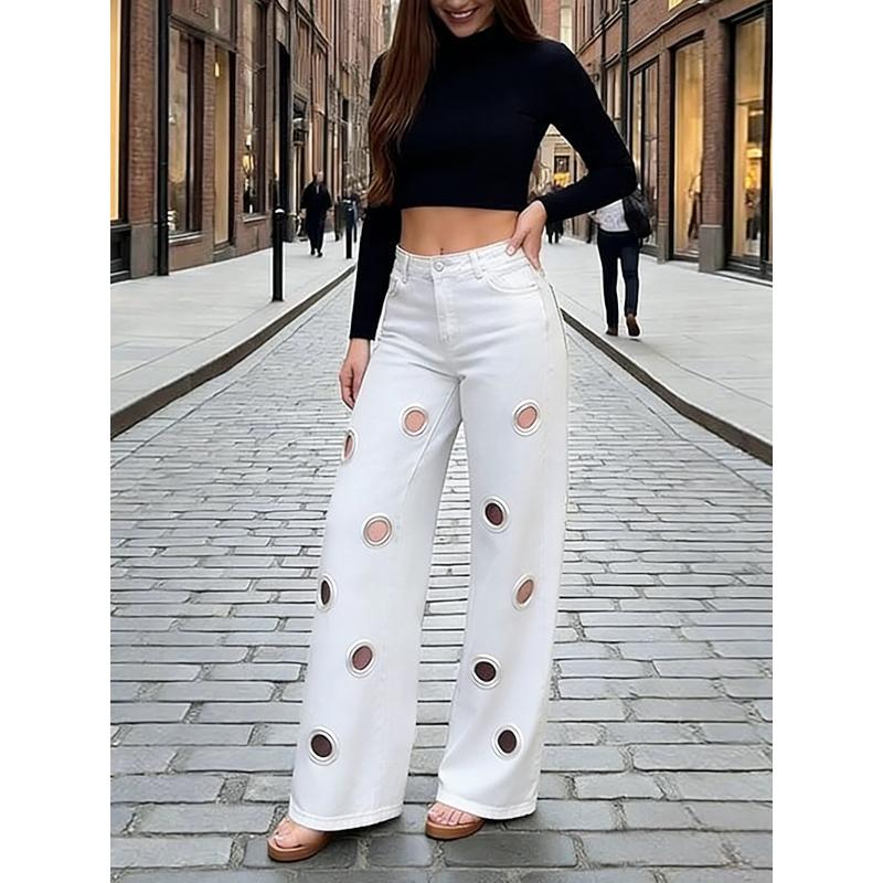 Vintage Holes Jeans Pants Sexy Women High Waist Elegant Night Club Denim Straight Trousers
