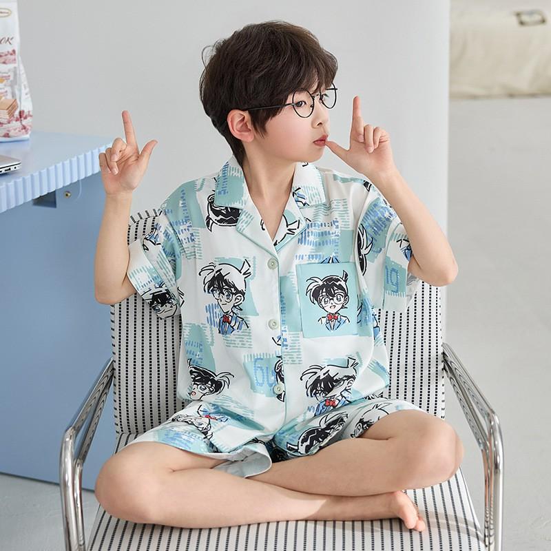 Boys 2026 Short Sleeve Pajamas Set Cartoon Ice Silk Thin Loungewear Kids